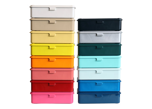 Two stacks of rectangular plastic storage bins with lid clamps, shown in multiple colors including white, beige, yellow, orange, pink, red, blue, and green, on a white background.