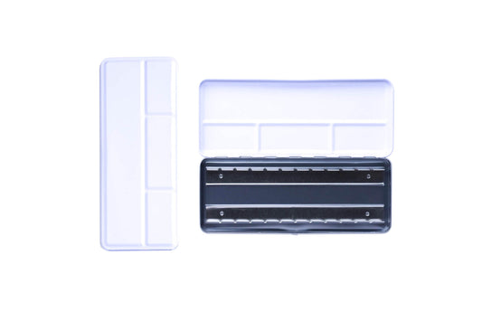 Medium White Empty Palette - a closed palette beside an open palette.  The exterior is shiny white and the inside is shiny white with mixing space in the lid.  Interior shows 2 empty metal rows that the pans of watercolor clip securely into.