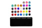A black four-compartment watercolor paint palette shown open below a grid of colorful watercolor swatches on a white background.