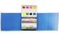 A handmade watercolor palette featuring Case for Making Colors: French Vermilion, CfM Hot Pink, CfM Coral, CfM Oxalis, Fluorescent Yellow 2, CfM Olive, Synthetic Indigo, CfM Shadow Blue open on a blue painted swipe on a white background