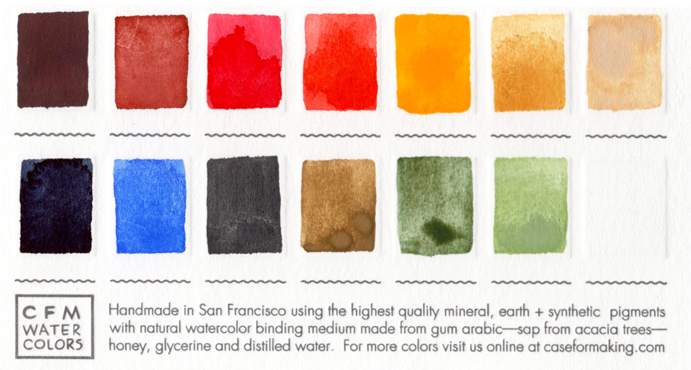 Close-up of the swatch card for the Small Combo Color Set that features 14 watercolors in assorted warm and cool tones.