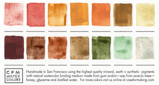 Close-up of the swatch card for the Small Natural Earth Colors Set that features 14 assorted natural earth pigment-based colors.