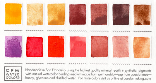 Close-up of the swatch card for the Small Warm Color Set that features 14 colors in assorted warm tones.