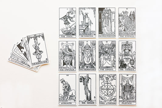 Showing the open pack of Watercolor Tarot Cards.  Each card is laid out to view.