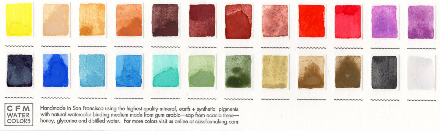 Close-up of the swatch card for the 24 Color Medium Set that features 24 warm and cool toned colors.