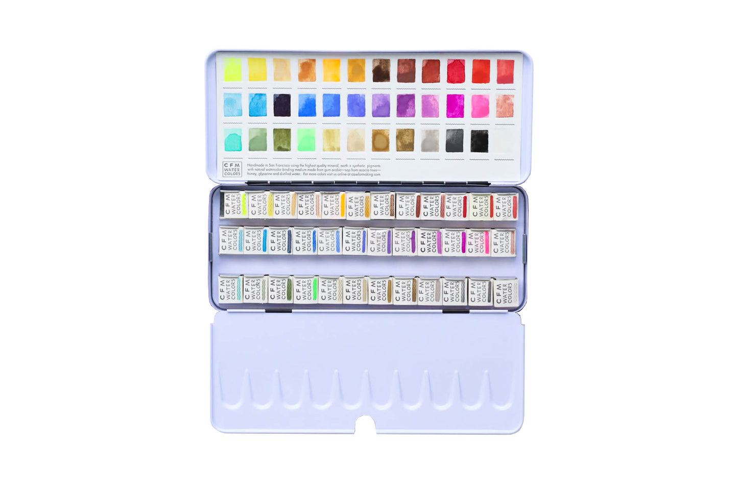 Case for Making pans filled with handmade watercolor paint, ready to be placed into the 36-Color Core Collection Watercolor Palette.