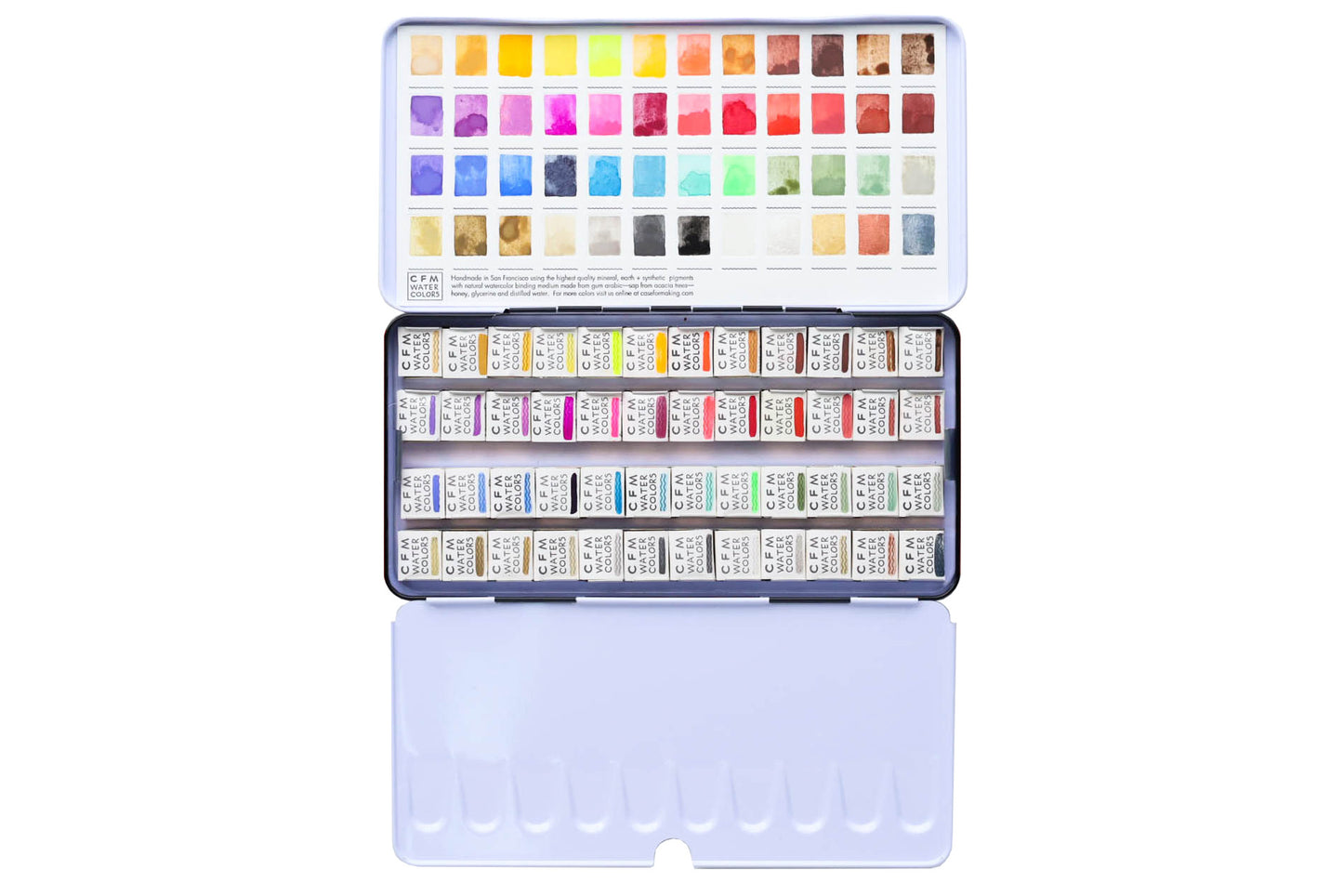 Case for Making pans filled with handmade watercolor paint, ready to be placed into the 48-Color Core Collection Watercolor Palette.