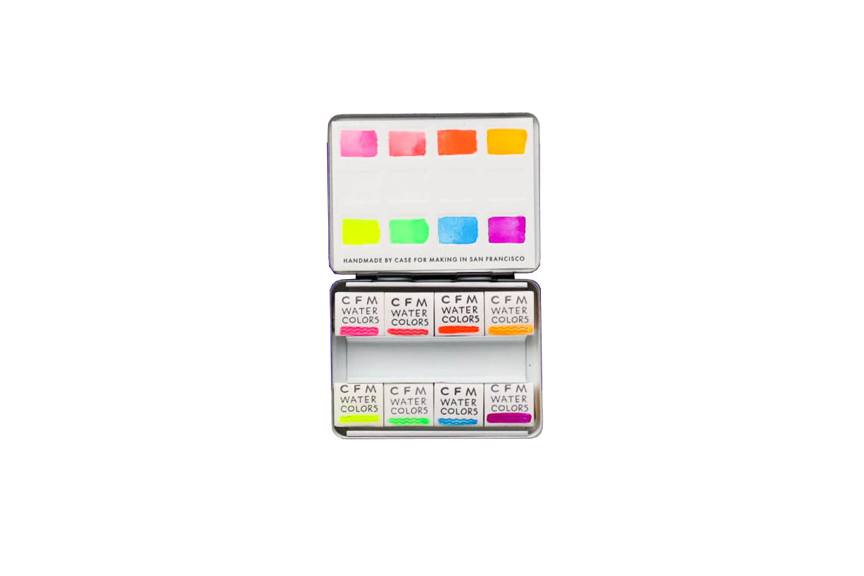 Case for Making pans filled with handmade watercolor paint, ready to be placed into the 8-Color Fluorescent Watercolor Travel Palette.