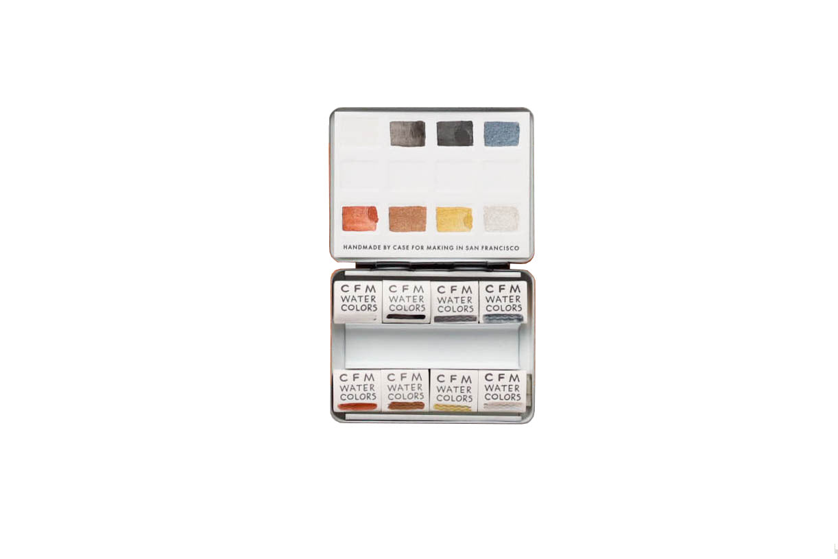 Case for Making pans filled with handmade watercolor paint, ready to be placed into the 8-Color Monochromatic Black/White/Metallic Watercolor Travel Palette.