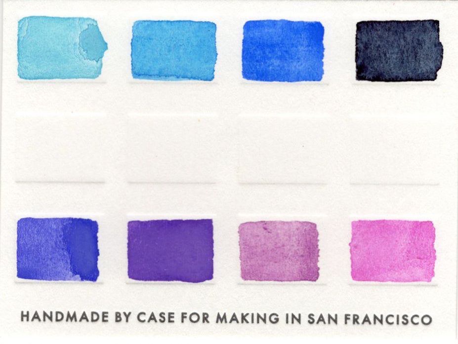 A close up of the pre-painted Monochromatic Blue/Violet Palette swatch card.