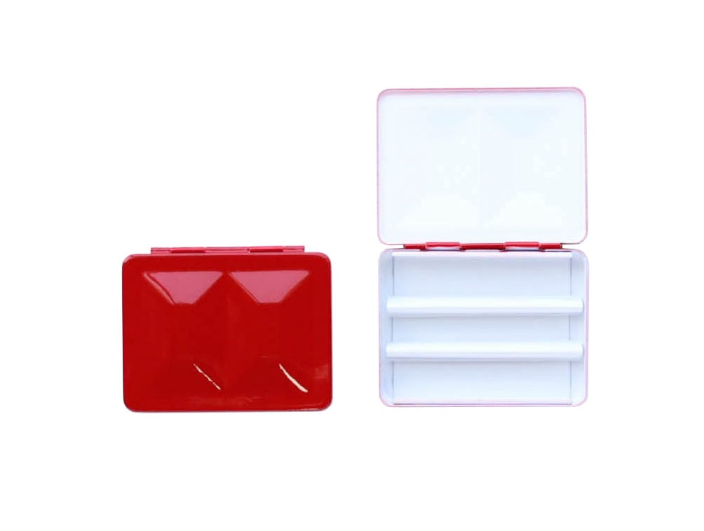 The CfM Simple Travel Palette in Glossy French Vermilion.  Shown closed and open, side by side. The open case features wells in the lid for mixing colors and can fit a removable swatch card.
